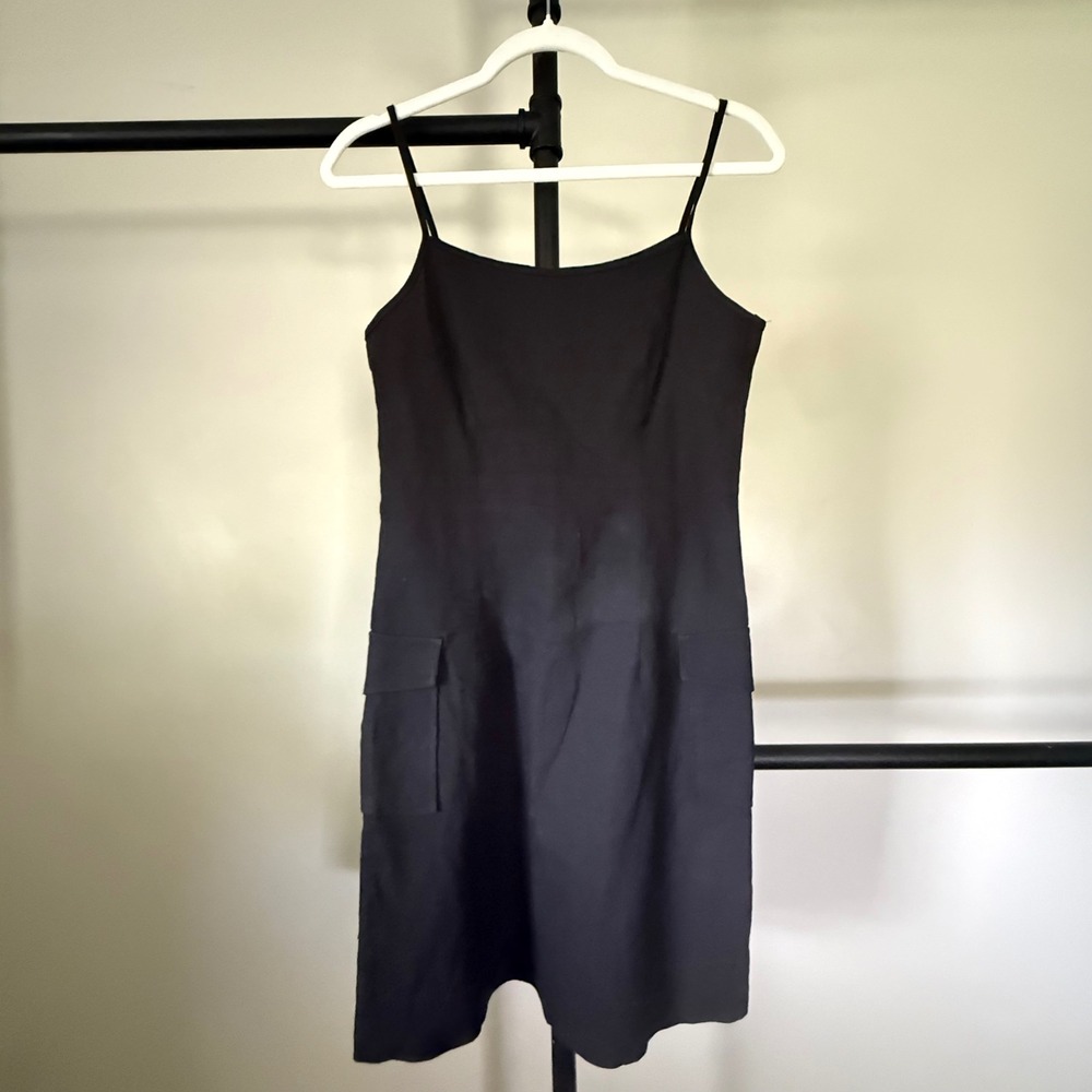 Be Cool Black Linen Cargo Mini Dress Small Spaghetti Strap Utility Pocket D1313